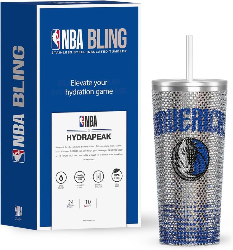 Hydrapeak x NBA Officially Licensed Dallas Mavericks 25 oz Rhinestone Bling Tumbler with Straw Lid, Glitter Leakproof Stainless Steel Water Bottle - Image 1